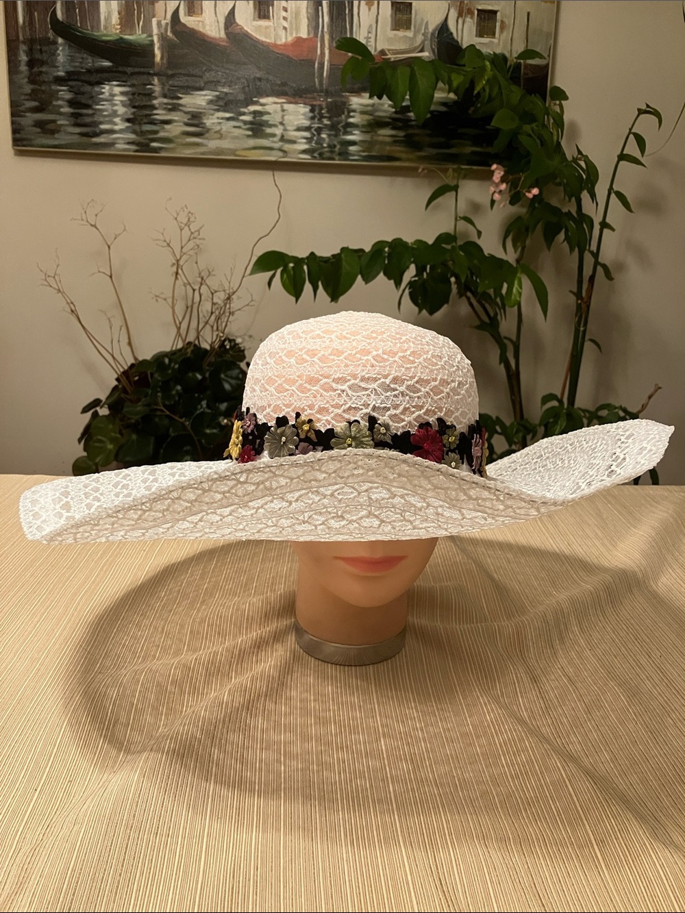 White Lace Like Wide-Brim Hat with Multicolor Floral Band